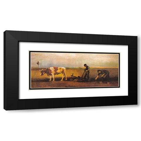 Potato Planting Black Modern Wood Framed Art Print with Double Matting by Van Gogh, Vincent