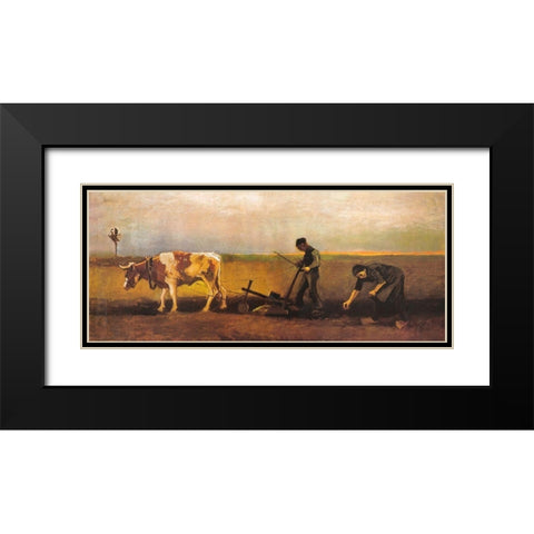 Potato Planting Black Modern Wood Framed Art Print with Double Matting by Van Gogh, Vincent