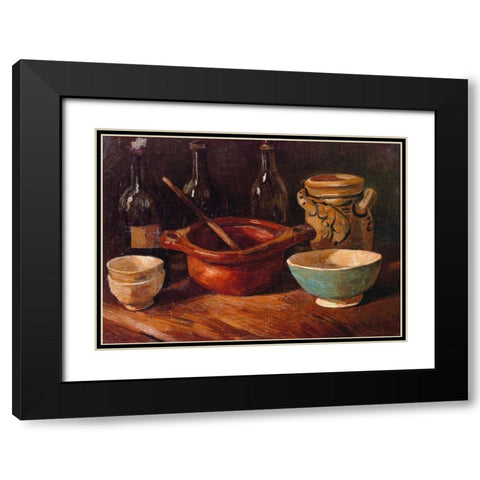 Still Life Earthenware And Bottles Black Modern Wood Framed Art Print with Double Matting by Van Gogh, Vincent