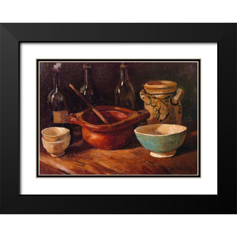 Still Life Earthenware And Bottles Black Modern Wood Framed Art Print with Double Matting by Van Gogh, Vincent