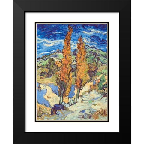 Two Poplars On Road Black Modern Wood Framed Art Print with Double Matting by Van Gogh, Vincent