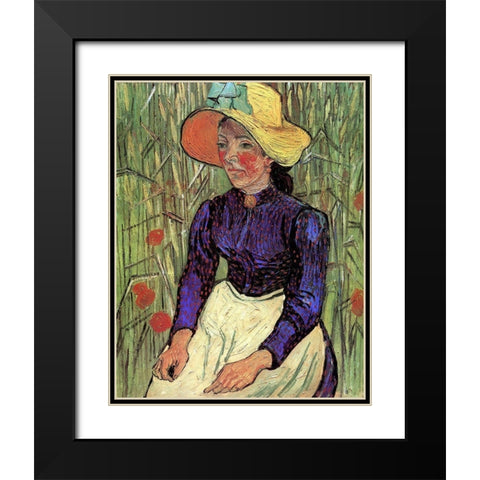 Young Peasant Woman Straw Hat Black Modern Wood Framed Art Print with Double Matting by Van Gogh, Vincent
