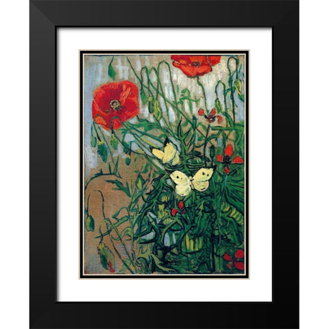 Butterflies And Poppies Black Modern Wood Framed Art Print with Double Matting by Van Gogh, Vincent
