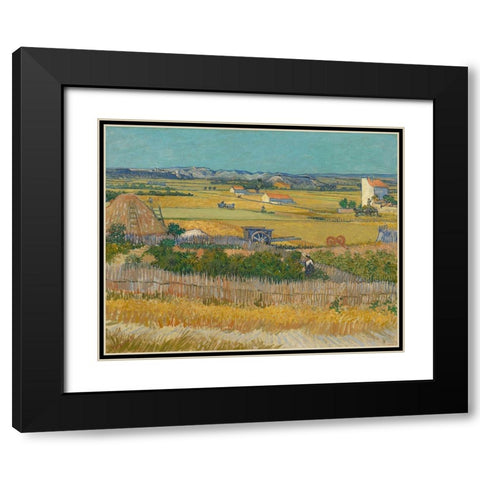 Harvest At La Crau And Montmajour Black Modern Wood Framed Art Print with Double Matting by Van Gogh, Vincent