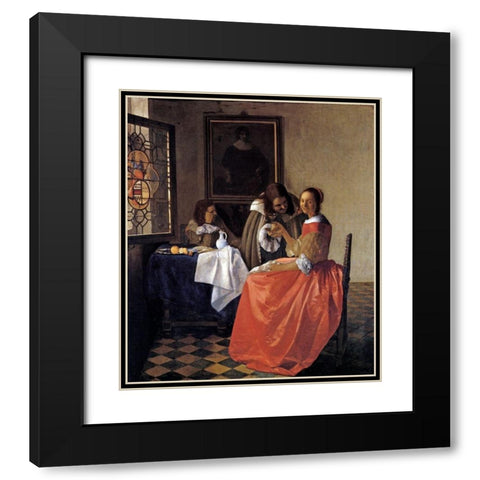 A Lady And Two Gentlemen Black Modern Wood Framed Art Print with Double Matting by Vermeer, Johannes