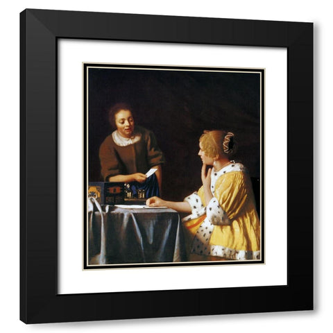 Lady With A Maidservant Holding A Letter Black Modern Wood Framed Art Print with Double Matting by Vermeer, Johannes