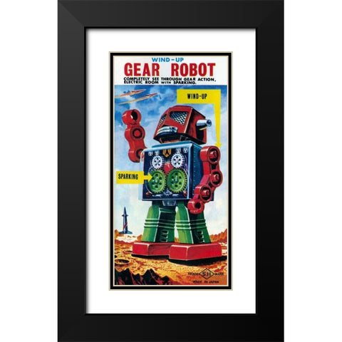 Wind-up Gear Robot Black Modern Wood Framed Art Print with Double Matting by Retrobot