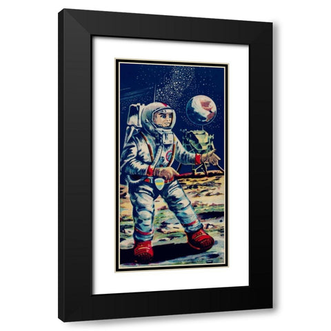 Moon Astronaut Black Modern Wood Framed Art Print with Double Matting by Retrobot