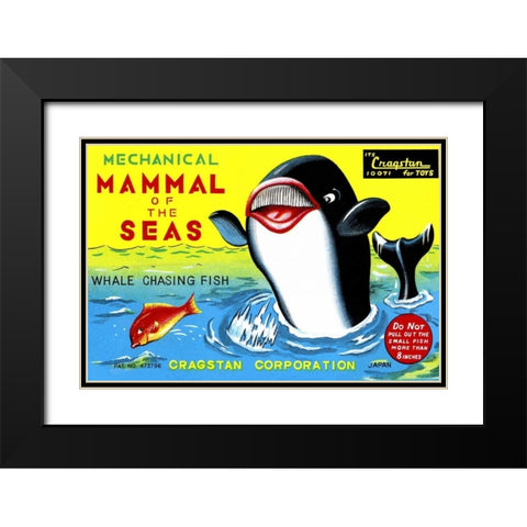 Mammal of the Seas: Whale Chasing Fish Black Modern Wood Framed Art Print with Double Matting by Retrobot