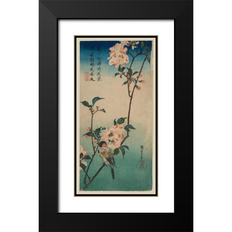Small bird on a branch of Kaidozakura Black Modern Wood Framed Art Print with Double Matting by Hiroshige, Ando