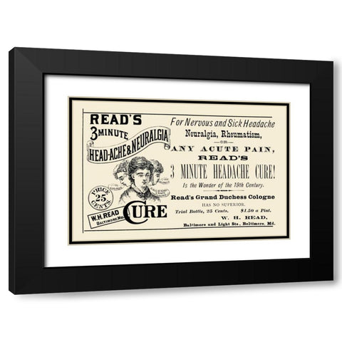 Reads 3 minute Head-Ache and Neuralgia Cure Black Modern Wood Framed Art Print with Double Matting by Advertisement