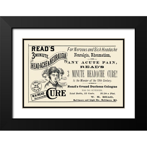 Reads 3 minute Head-Ache and Neuralgia Cure Black Modern Wood Framed Art Print with Double Matting by Advertisement