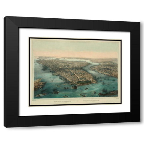 Birds-eye view of Manhattan, New York Black Modern Wood Framed Art Print with Double Matting by Unknown