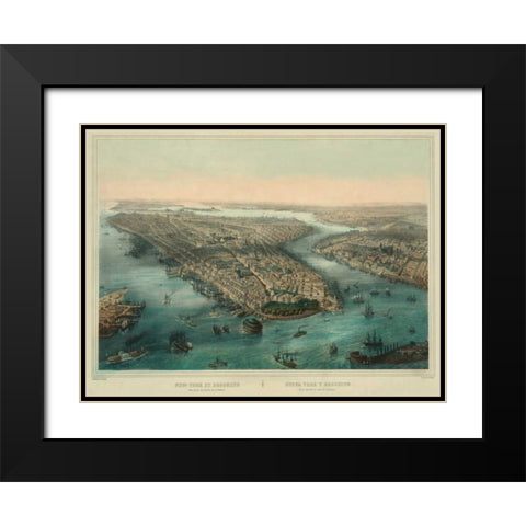 Birds-eye view of Manhattan, New York Black Modern Wood Framed Art Print with Double Matting by Unknown