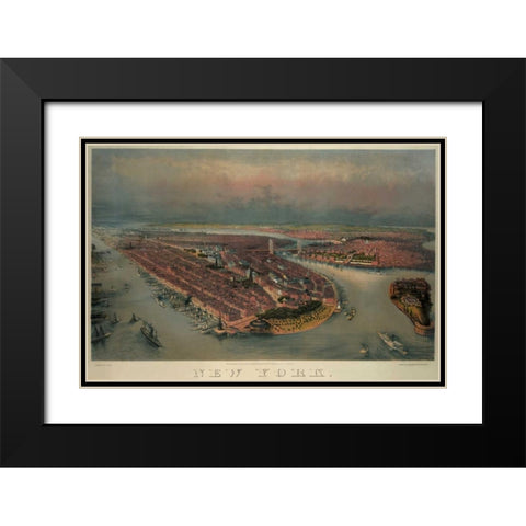 Birds-eye view of Manhattan, New York Black Modern Wood Framed Art Print with Double Matting by Unknown