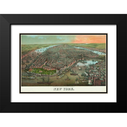 Birds-eye view of Manhattan, New York Black Modern Wood Framed Art Print with Double Matting by Unknown