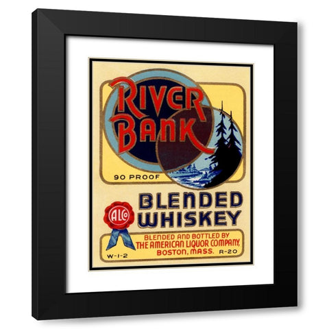 River Bank Blended Whiskey Black Modern Wood Framed Art Print with Double Matting by Vintage Booze Labels