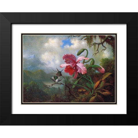 Orchid And Hummingbirds Near A Mountain Lake Black Modern Wood Framed Art Print with Double Matting by Heade, Martin Johnson