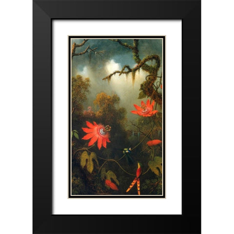 Two Hummingbirds Perched On Passion Flower Vines Black Modern Wood Framed Art Print with Double Matting by Heade, Martin Johnson