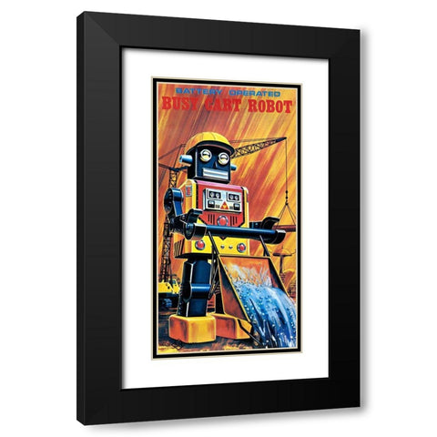 Busy Cart Robot Black Modern Wood Framed Art Print with Double Matting by Retrobot