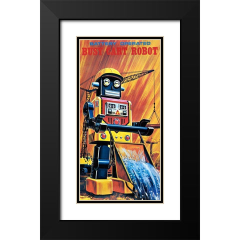 Busy Cart Robot Black Modern Wood Framed Art Print with Double Matting by Retrobot