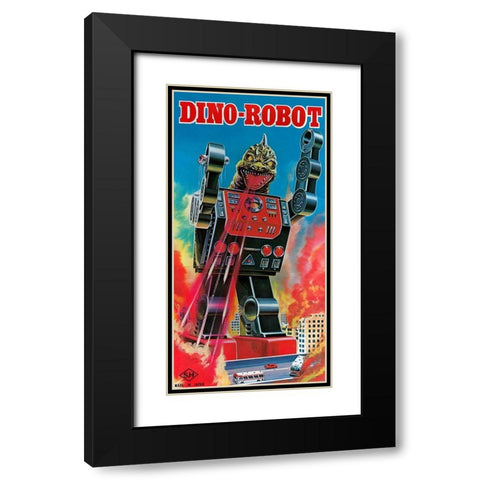 Dino-Robot Black Modern Wood Framed Art Print with Double Matting by Retrobot