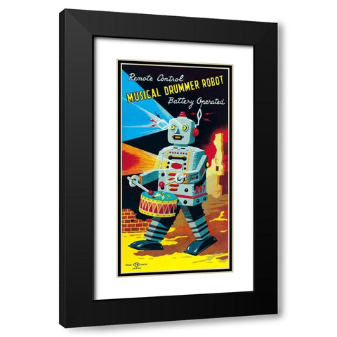 Musical Drummer Robot Black Modern Wood Framed Art Print with Double Matting by Retrobot