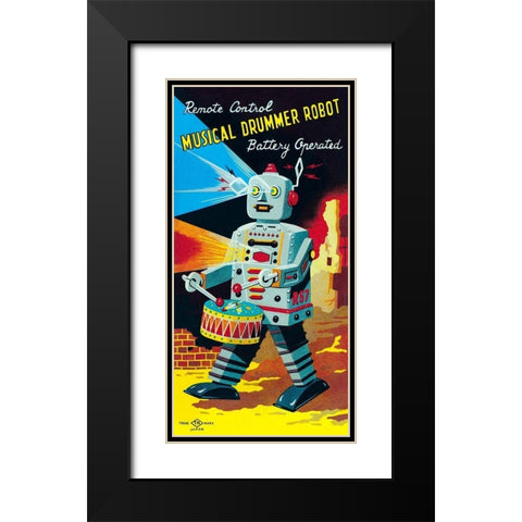 Musical Drummer Robot Black Modern Wood Framed Art Print with Double Matting by Retrobot
