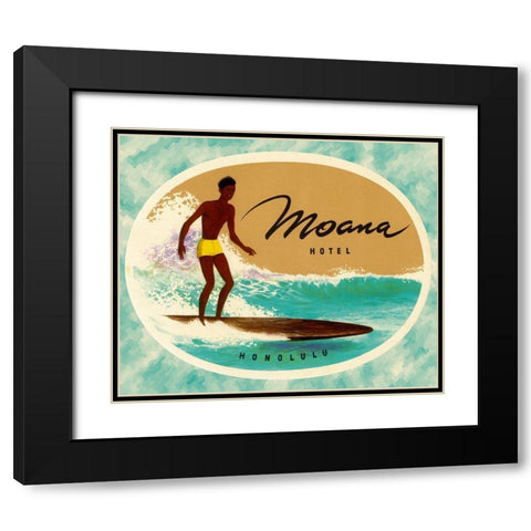 Moana Hotel Luggage Label Black Modern Wood Framed Art Print with Double Matting by Retrotravel