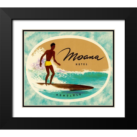 Moana Hotel Luggage Label Black Modern Wood Framed Art Print with Double Matting by Retrotravel