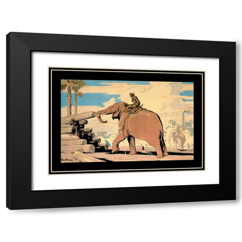 Moving Logs with Elephant Power Black Modern Wood Framed Art Print with Double Matting by Vintage Elephant