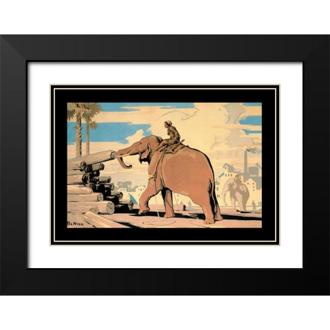Moving Logs with Elephant Power Black Modern Wood Framed Art Print with Double Matting by Vintage Elephant