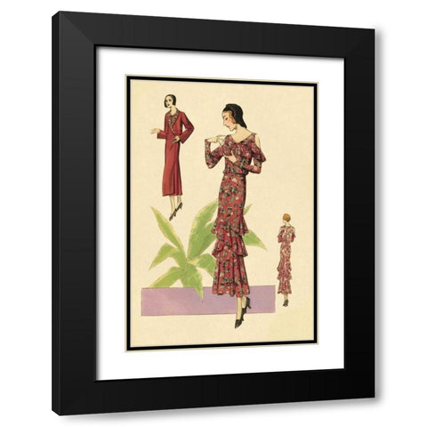 Party Dress with Ruffles and Flowers Black Modern Wood Framed Art Print with Double Matting by Vintage Fashion
