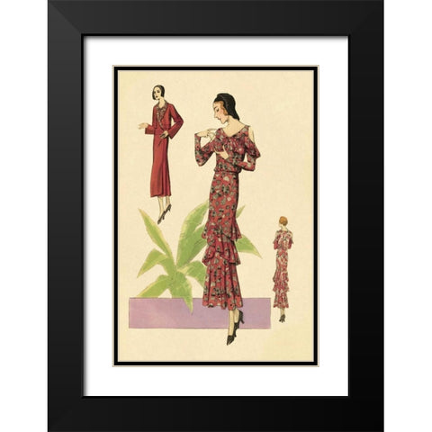 Party Dress with Ruffles and Flowers Black Modern Wood Framed Art Print with Double Matting by Vintage Fashion