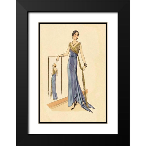 Evening Gown in Blue and Gold Black Modern Wood Framed Art Print with Double Matting by Vintage Fashion