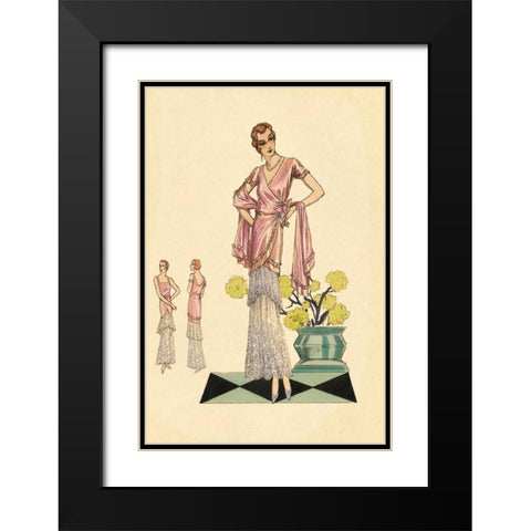 Party Dress in Pink and Blue Black Modern Wood Framed Art Print with Double Matting by Vintage Fashion