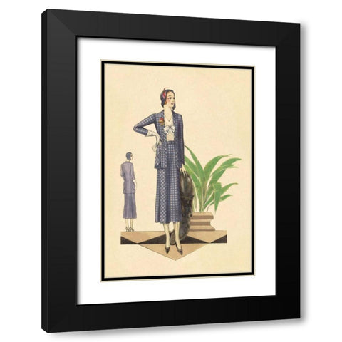 Blue Checkered Suit with Stole and Gloves Black Modern Wood Framed Art Print with Double Matting by Vintage Fashion