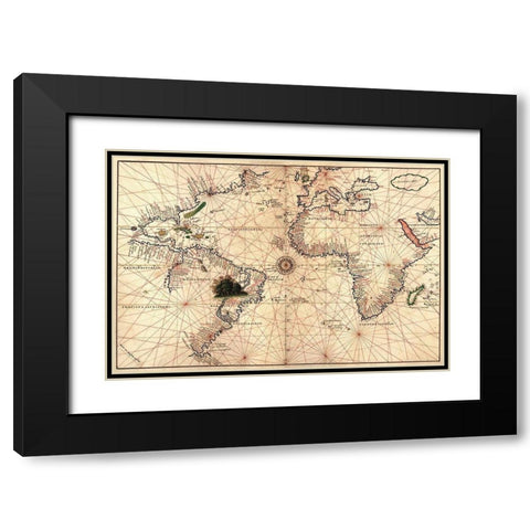 Portolan World Map Black Modern Wood Framed Art Print with Double Matting by Oliva, Joan