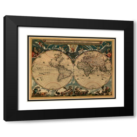 New and Accurate Map of the World Black Modern Wood Framed Art Print with Double Matting by Blaeu, Johannes