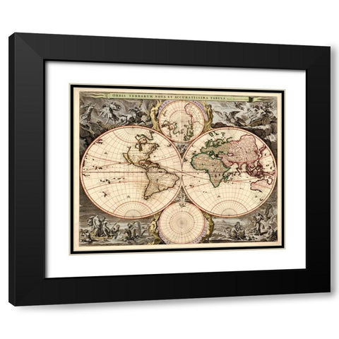 World Map Black Modern Wood Framed Art Print with Double Matting by Visscher, Nicolao