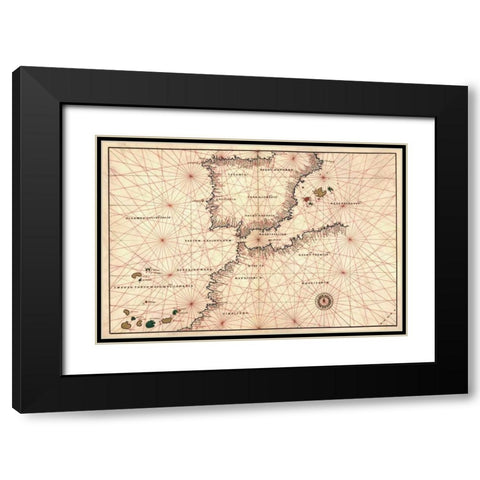 Portolan or Navigational Map of the Spain, Gibraltar and North Africa Black Modern Wood Framed Art Print with Double Matting by Agnese, Battista