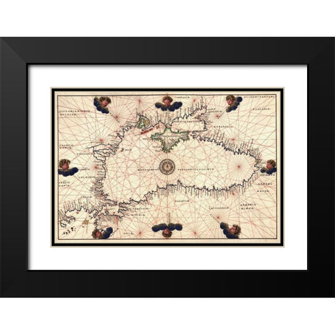 Portolan or Navigational Map of the Black Sea showing anthropomorphic winds Black Modern Wood Framed Art Print with Double Matting by Agnese, Battista