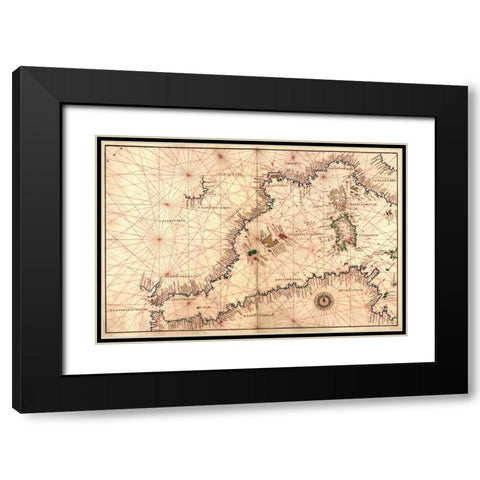 Portolan or Navigational Map of the Western Mediterranean from Gibraltar to Piedmont and Sardinia Black Modern Wood Framed Art Print with Double Matting by Agnese, Battista
