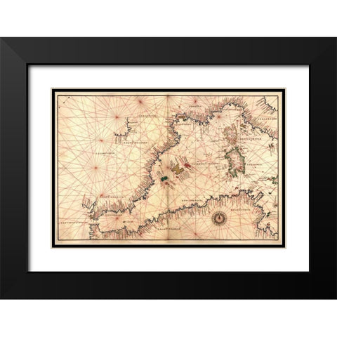 Portolan or Navigational Map of the Western Mediterranean from Gibraltar to Piedmont and Sardinia Black Modern Wood Framed Art Print with Double Matting by Agnese, Battista
