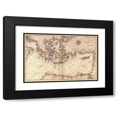 Portolan or Navigational Map of Greece, the Mediterranean and the Levant Black Modern Wood Framed Art Print with Double Matting by Agnese, Battista