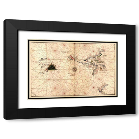 Portolan Map of the Western Hemisphere showing what will become the United States, Panama and a port Black Modern Wood Framed Art Print with Double Matting by Agnese, Battista