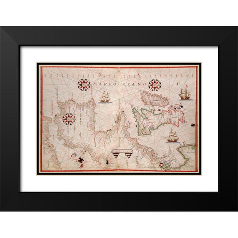 Portolan Map of Spain, England, Ireland and France Black Modern Wood Framed Art Print with Double Matting by Oliva, Joan