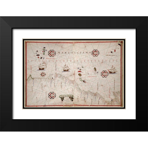Portolan map of the African Coast Black Modern Wood Framed Art Print with Double Matting by Oliva, Joan