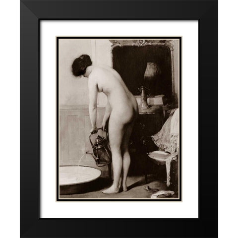 Pouring a Bath Black Modern Wood Framed Art Print with Double Matting by Vintage Nudes