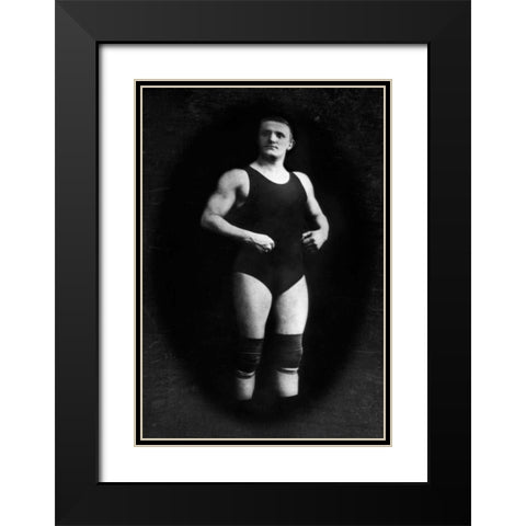 Bodybuilder in Wrestling Outfit and Knee Pads Black Modern Wood Framed Art Print with Double Matting by Vintage Muscle Men